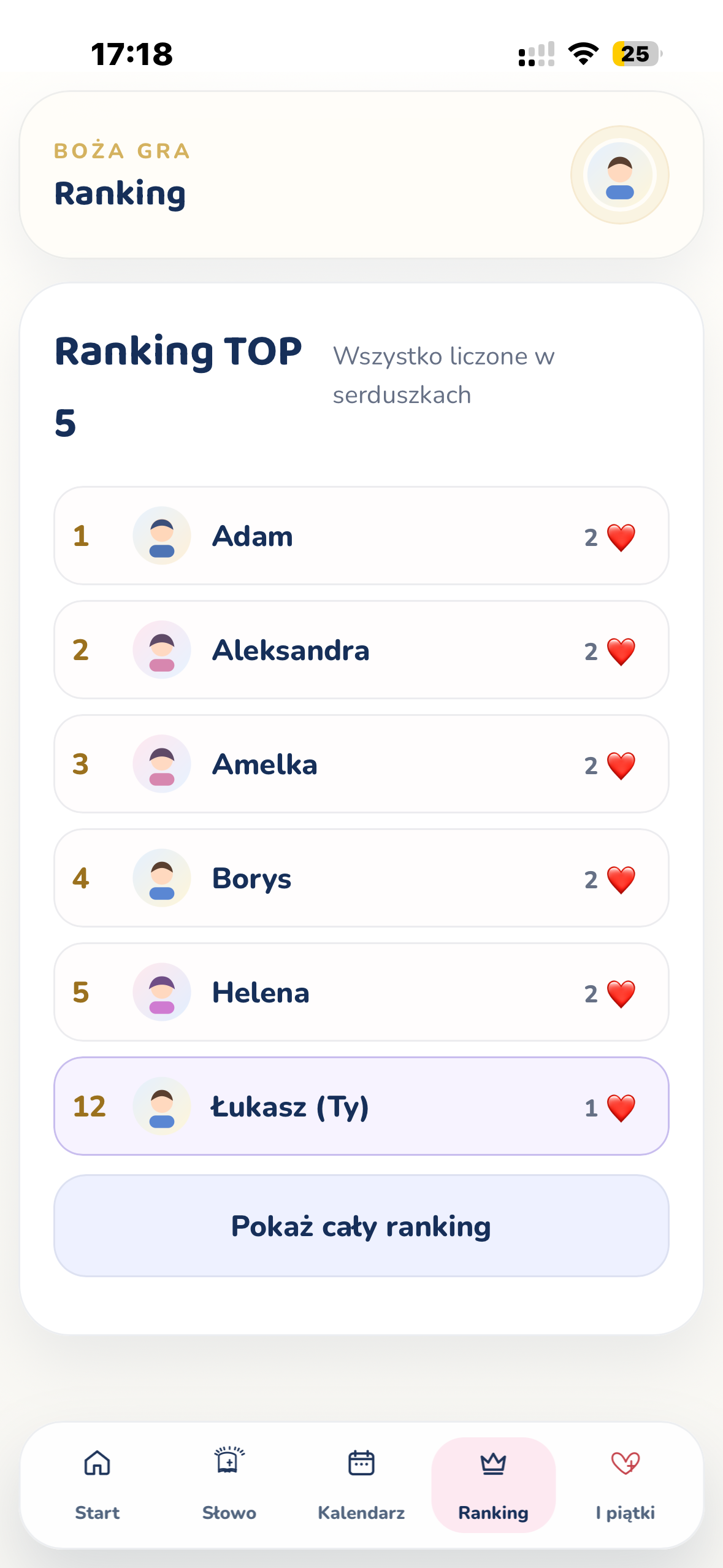 Ranking w aplikacji Boża Gra